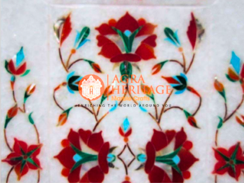 White Marble Carnelian Marquetry Inlaid Floral Art Tray